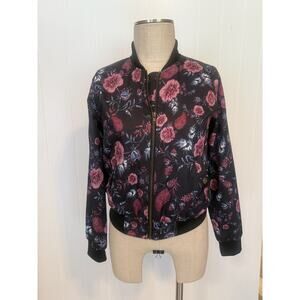 Hippie Rose Jacket Womens XS Black Floral Bomber Full Zip Lightweight Pink Blue